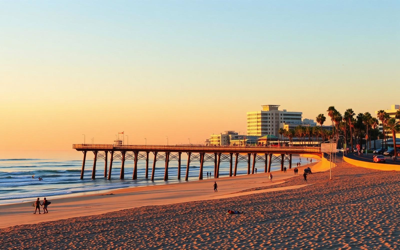 Huntington Beach pier and shoreline at sunset