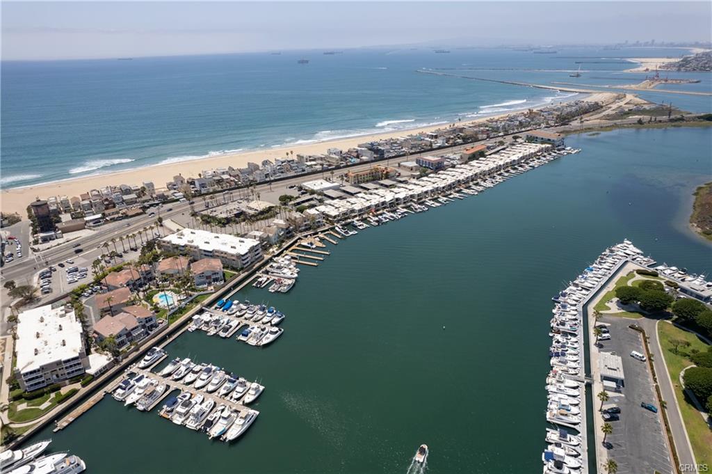 Aerial view of Huntington Harbour marinas and Sunset Beach