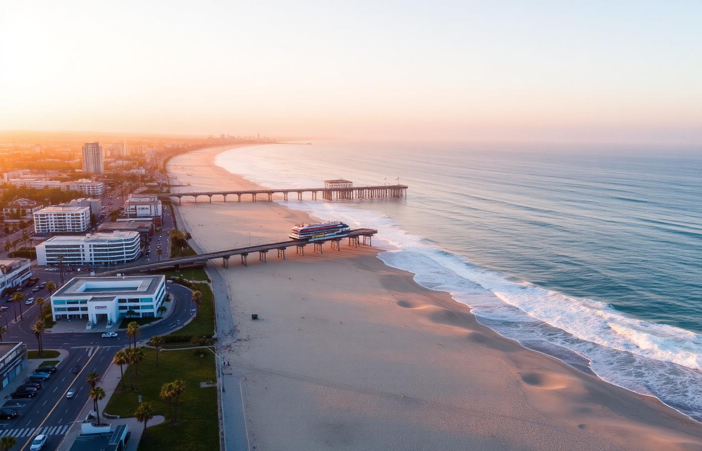 Aerial view of the Huntington Beach Pier and coastline at golden hour
