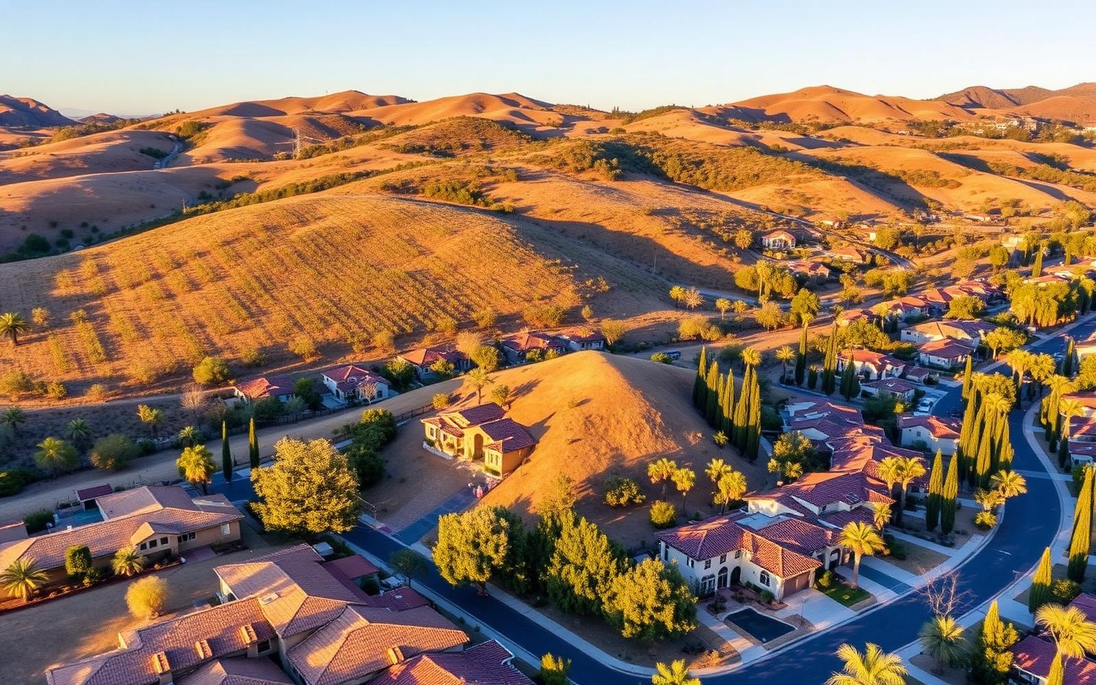 Aerial view of the Orchard Hills groves and village