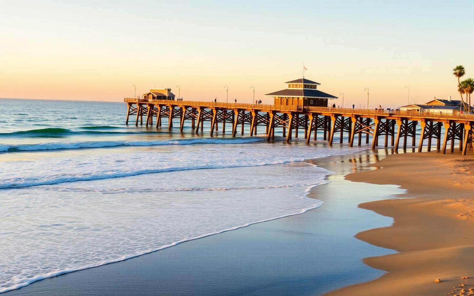 Seal Beach Pier and shoreline at golden hour