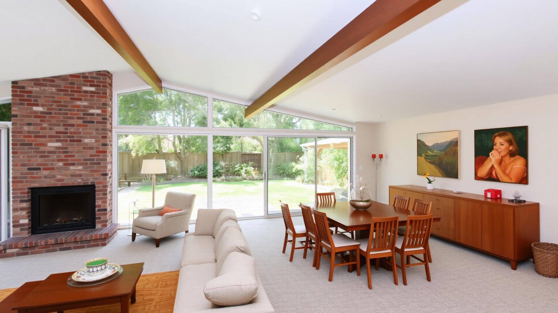 2821 Tigertail — open living and dining with beamed ceiling and brick fireplace