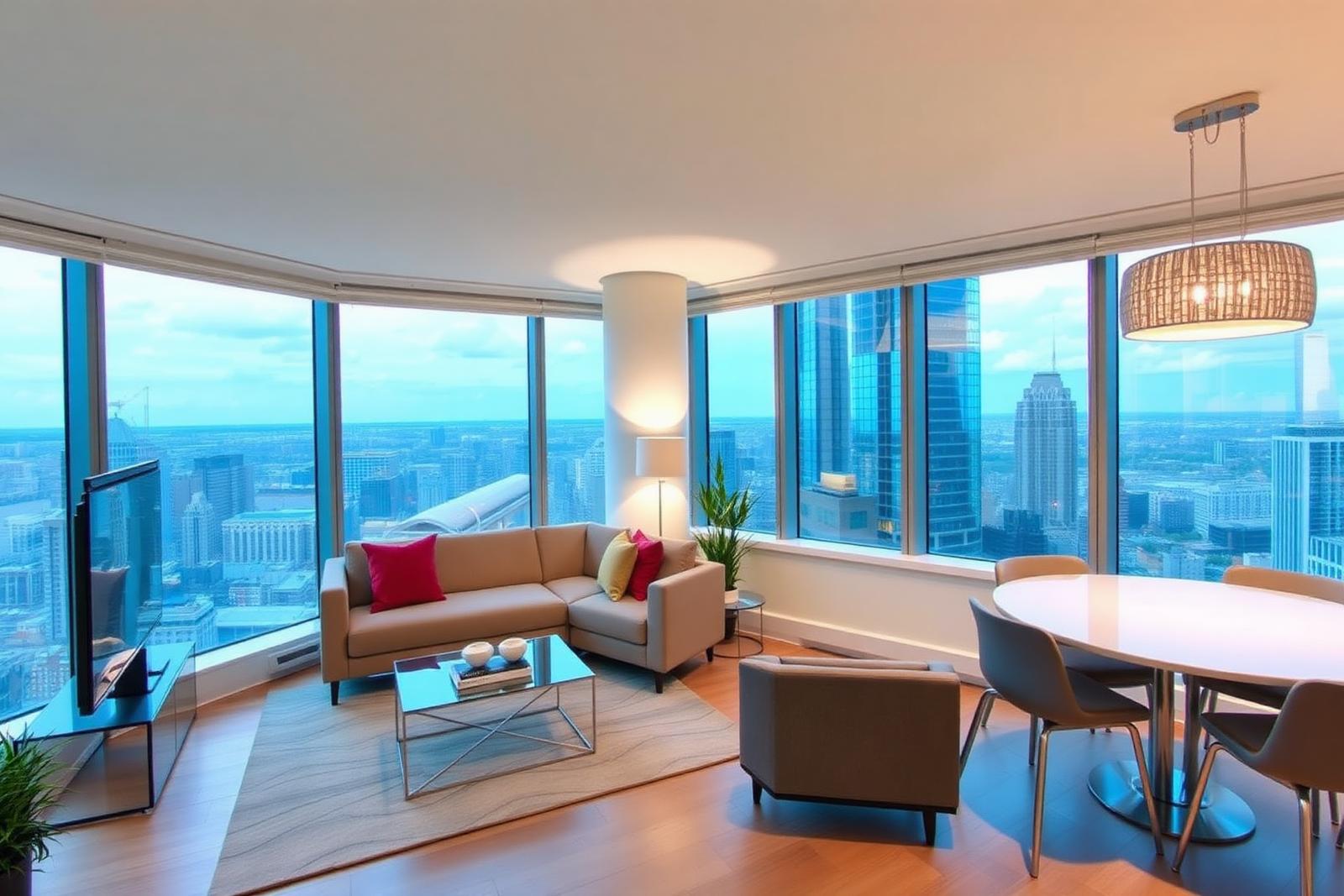 2108 Scholarship — living area with floor-to-ceiling city views