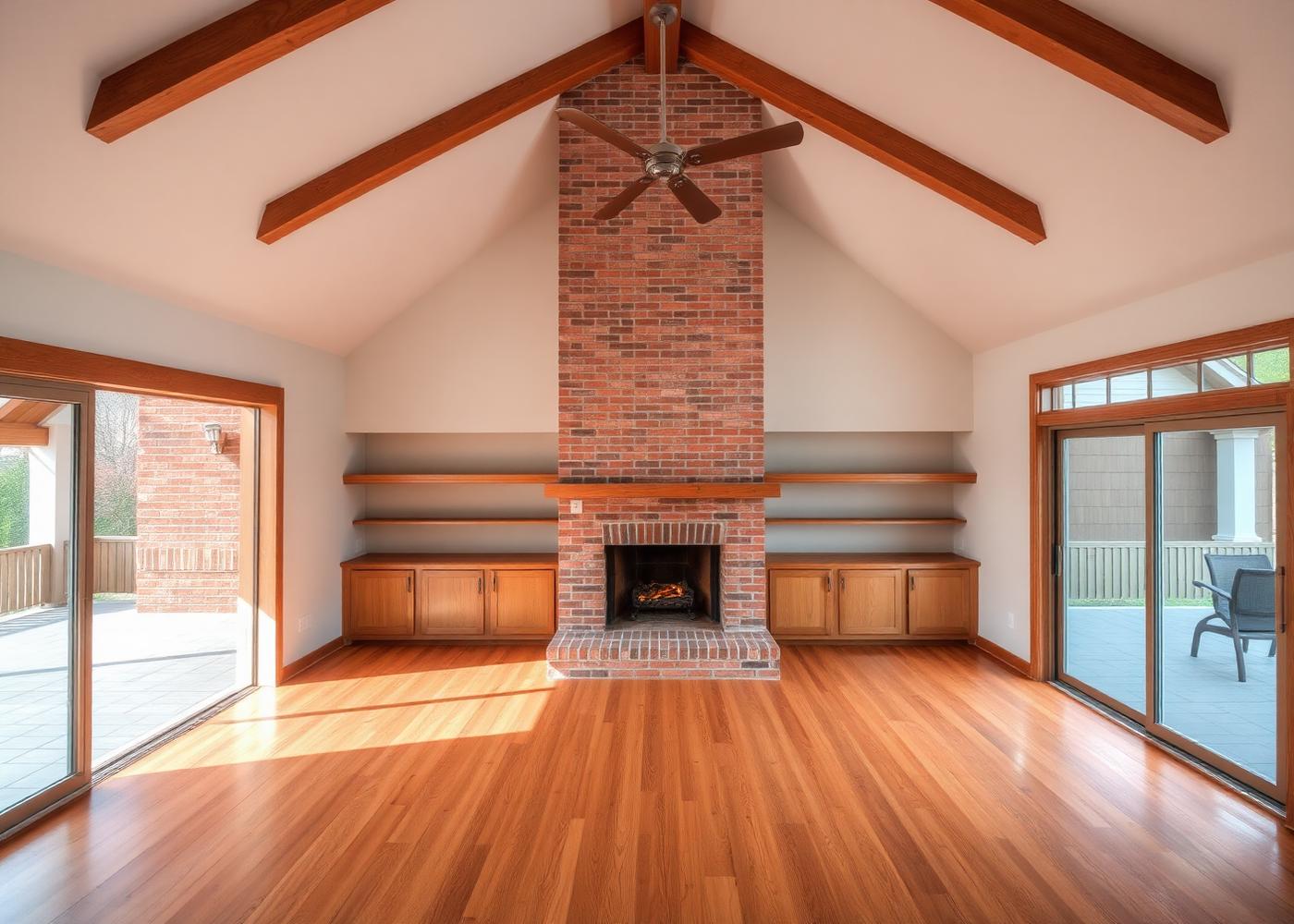 25552 Mackenzie St — vaulted open-beam living room with brick fireplace