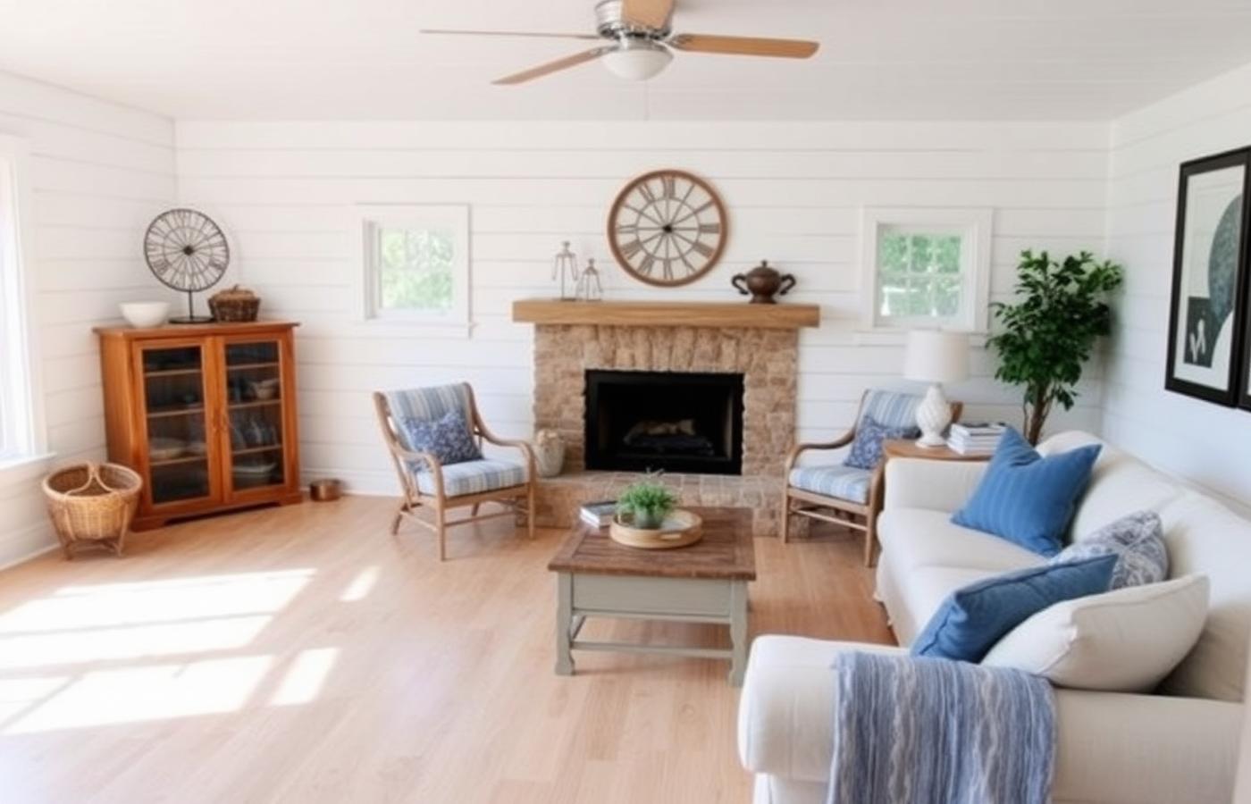 1209 Huntington St — coastal living room with fireplace