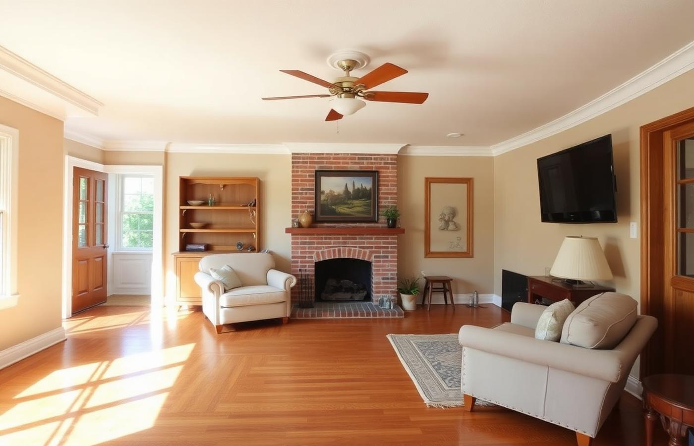3745 E Ransom St — living room with brick fireplace and hardwood floors