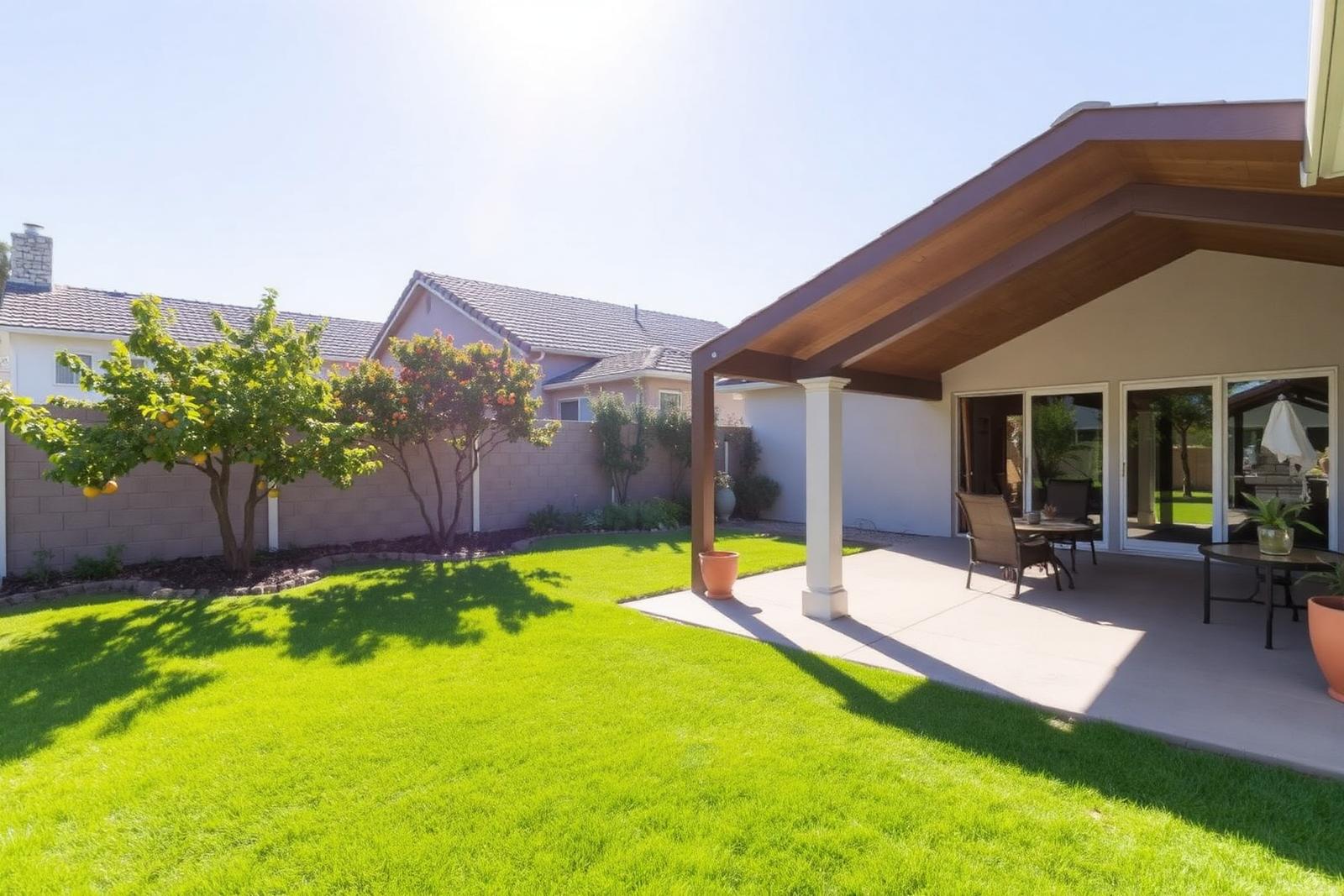 23045 El Caballo St — backyard with covered patio and lawn