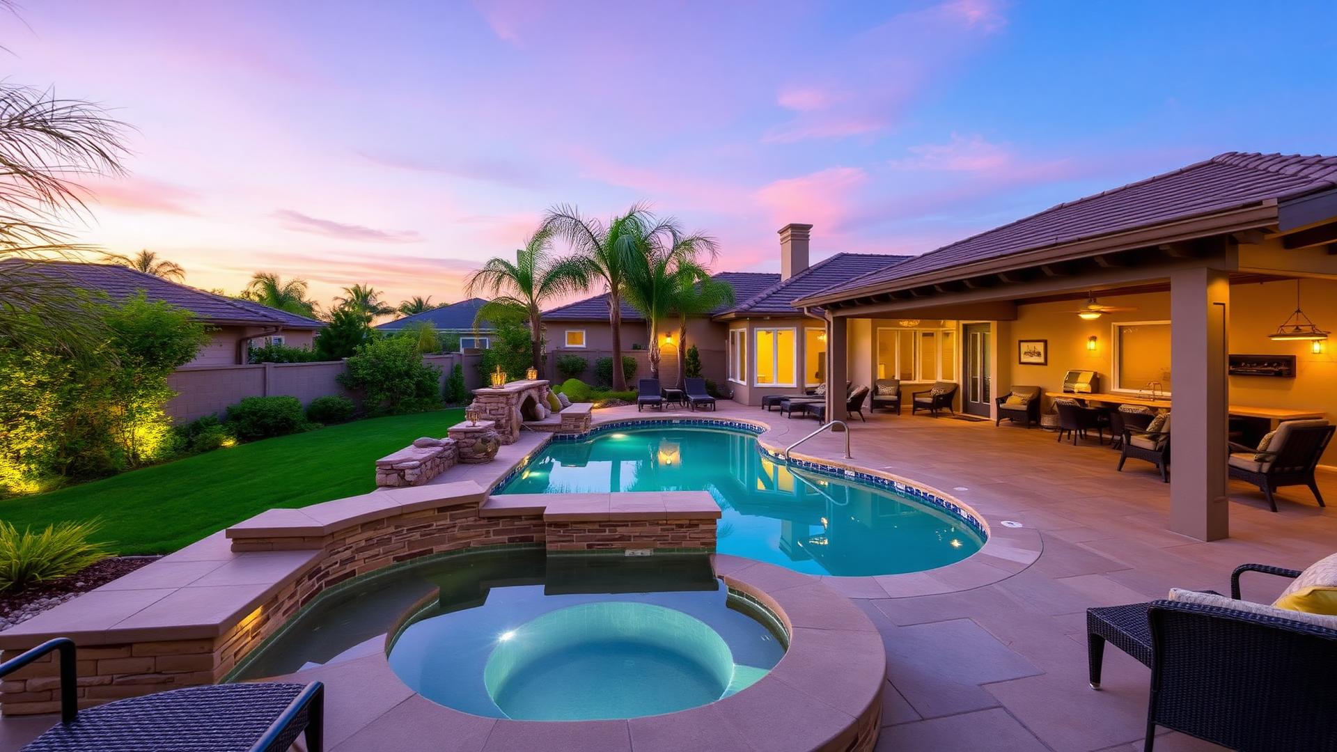 16323 Redwood — pool, spa and covered outdoor kitchen at dusk