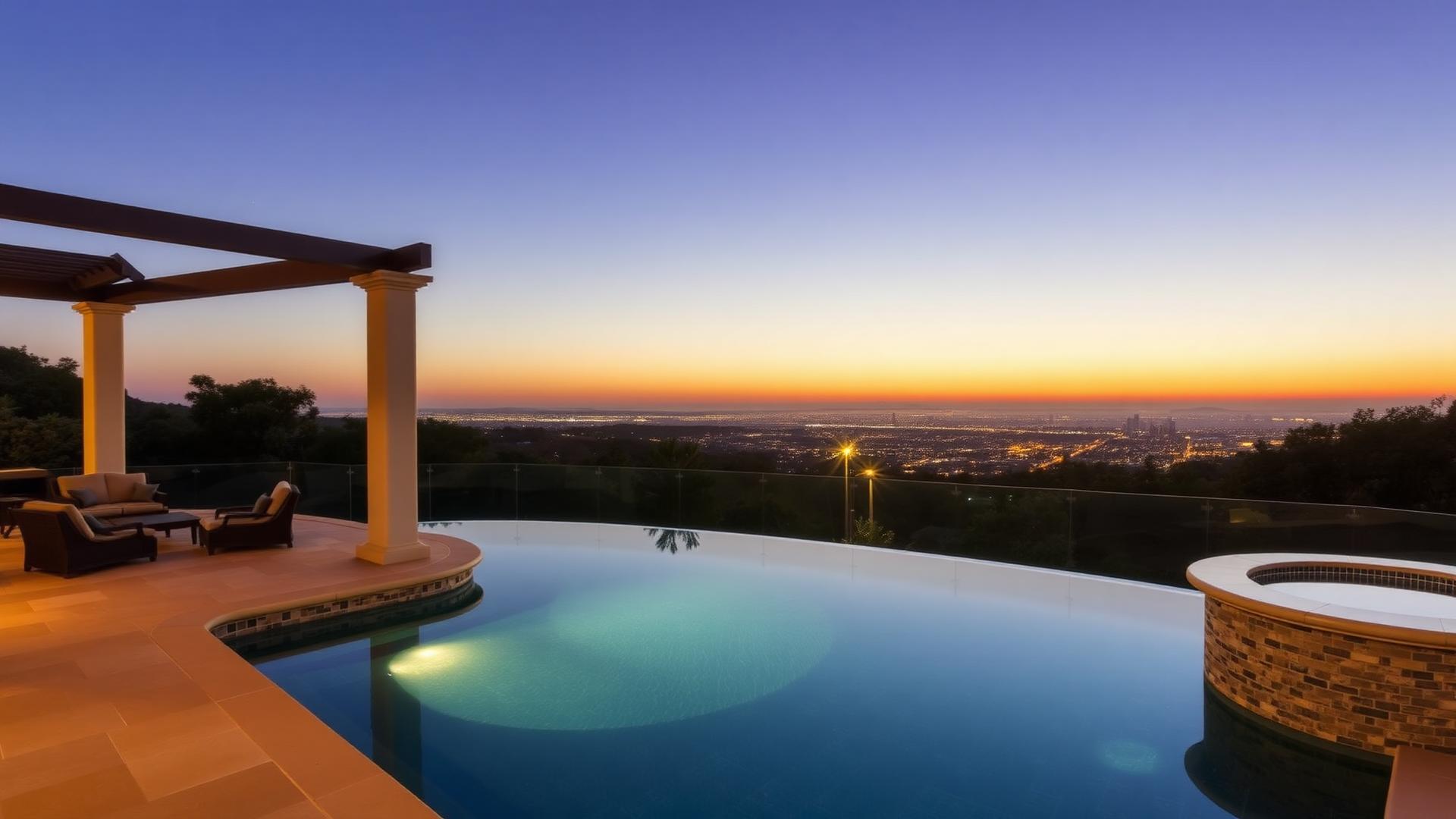 20 Blue Summit — infinity pool with city lights view at dusk